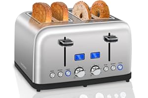 SEEDEEM Toaster 4 Slice, LCD Display, 6 Shade Settings Stainless Toaster, 1.5'' Wide Slots, Digital Toaster for Bagel, Defrost, Reheat, Dual Control, Removable Crumb Tray, 1500W, Silver Metallic