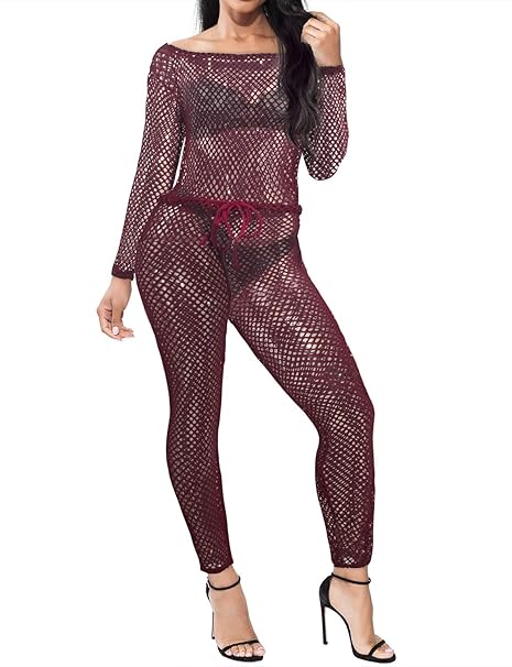 Vwiwv Women Long Sleeve Mesh Off Shoulder Swimsuit Beach Cover Up Long Jumpsuit Rompers