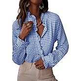 Astylish Womens Plaid Ruffle V Neck Button Down Blouse Casual Long Sleeve Gingham Trendy Tops Work Checkered Shirt