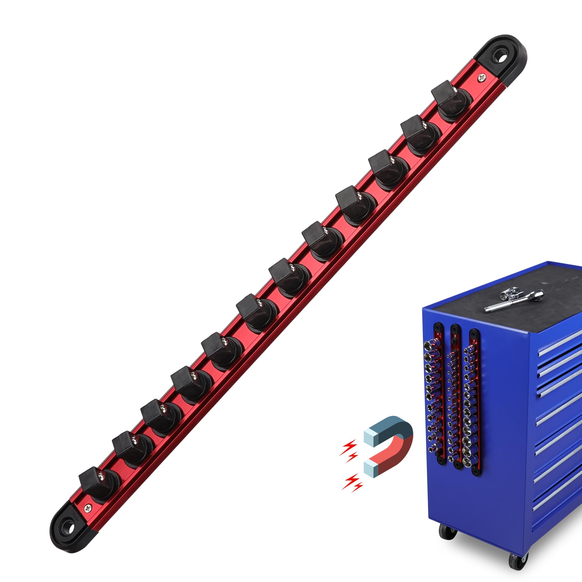 Photo 1 of Magnetic Socket Holder Organizer Set:1/2 Detachable Socket Trays Socket Organizer for Tool Box Drawer Holds 12-Piece Standard Size Sockets for Automotive Mechanic Garage(Red)