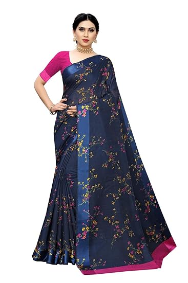 Womens Navy Blue Color Linen Cotton Satin Patta Flower Printed Saree With Blouse Piece (APU NAVY_Free Size)
