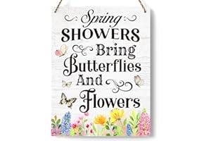 FREHVN Spring Decorations Door Sign for Home, Spring Showers Bring Butterflys And Flowers Hanging Sign for Rustic Farmhouse, Spring Front Door Wall Home Decor 8 X 10 Inch