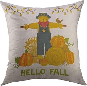 Mugod Decorative Throw Pillow Cover for Couch Sofa,Autumn with Pumpkins Hay Bale Wheat Sheaf Scarecrow Text Hello Fall Bright Harvest Festival Home Decor Pillow case 18x18 Inch