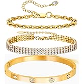 MVCOLEDY 18K Gold Plated Bangle Bracelet Set for women,Cubic Zirconia Classic Stainless Steel Adjustable Gold Tennis Love Bracelets Stack for women and men