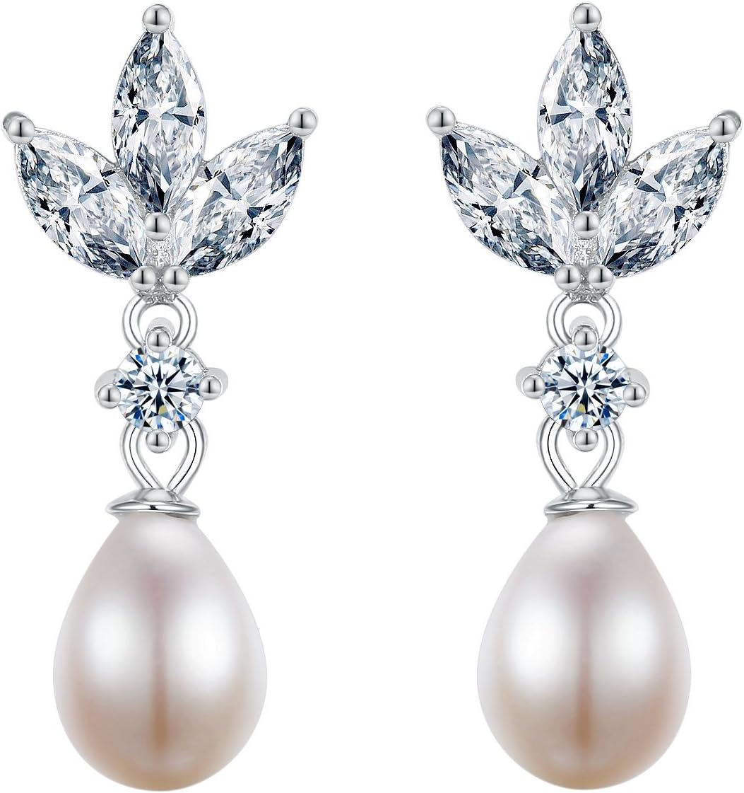 Pair of Pearl Drop pierced bridal Earrings with clear Marquise cut crystals on 925 sterling silver