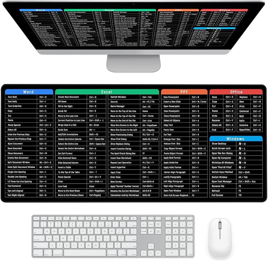 Lotvic Excel Shortcuts Mouse Mat 80x30cm Large Non-Slip Desk Pad