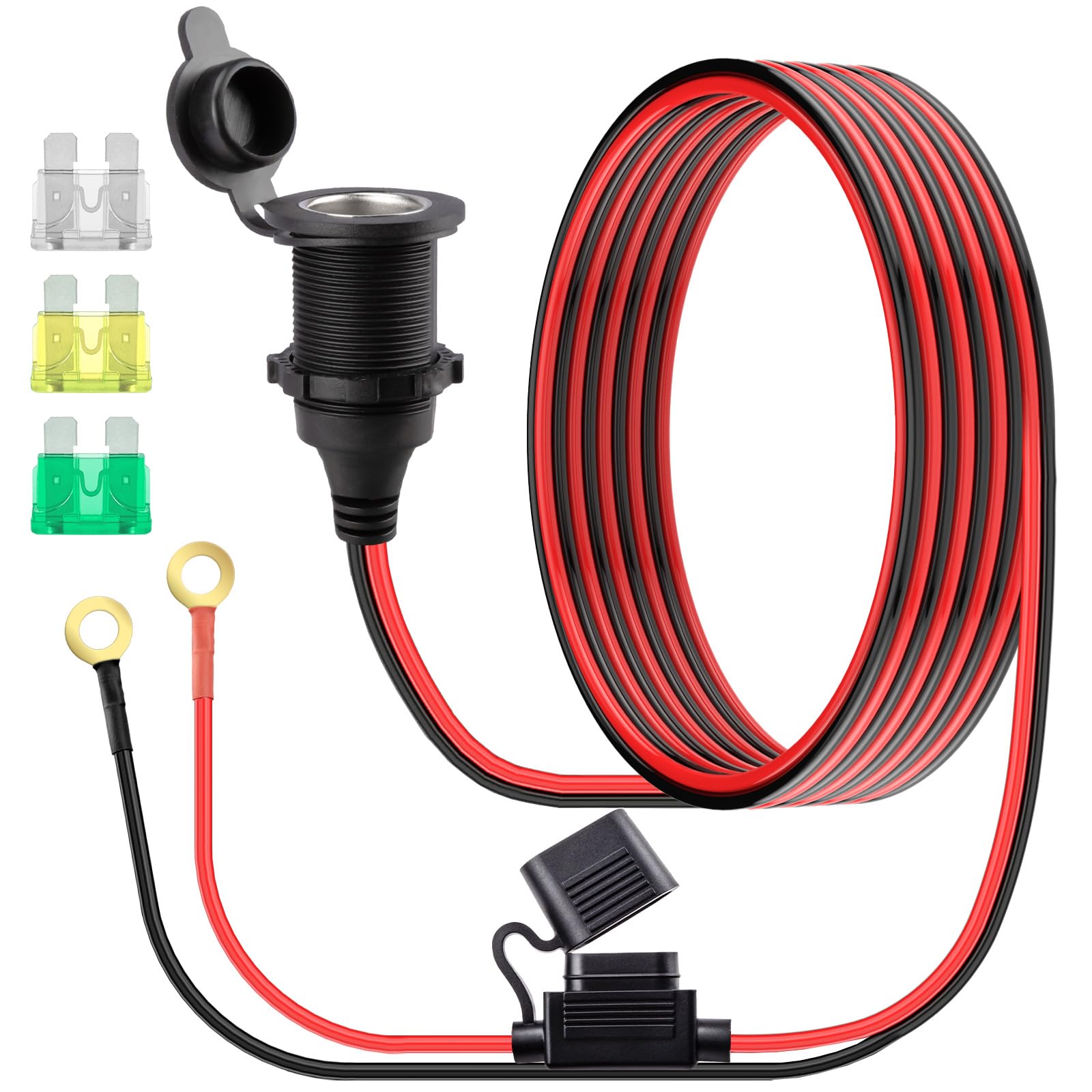 Photo 1 of 10 FT 12V Fixed Thread Power Outlet, 12V Female Cigarette Lighter Socket, 12 AWG 12 Volt Power Supply Cigarette Lighter Plug with Inline Blade Fuse 20A 25A 30A, Automotive Replacement Parts