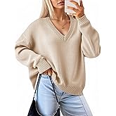 Yousify Womens Fall V Neck Sweaters Casual Knit Long Sleeve Loose Fit Pullover Sweater Tops