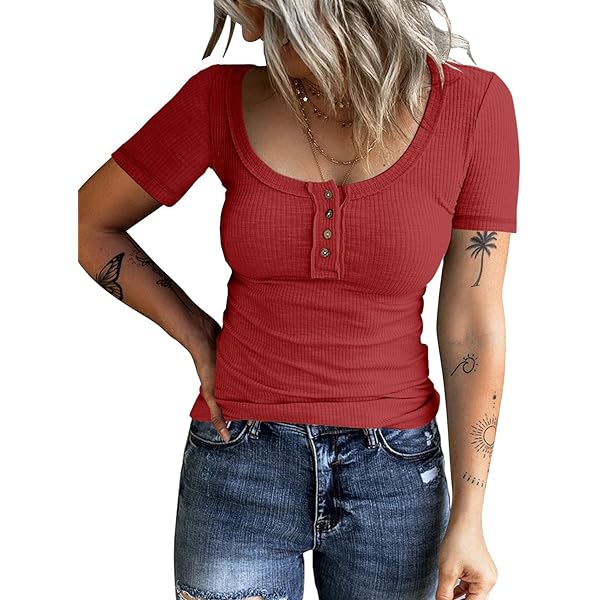 LALABEE Women's Deep V-Neck Short Sleeve Basic Henley Button T