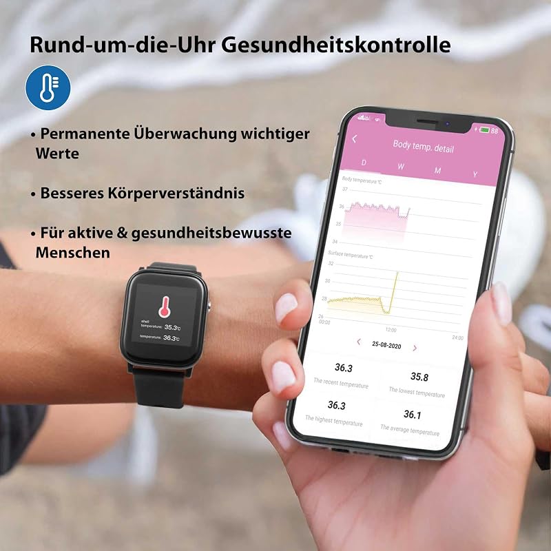 Smartwatch mit Temperatur- & Herzfrequenzmesser – 1,4" Farbdisplay – Fitness Tracker mit Schritte, Distanz, Kalorien, Schlaf, Sportmodi, Benachrichtigungen, Anti-Lost, 5 Tage Akku - TX-SW6HR