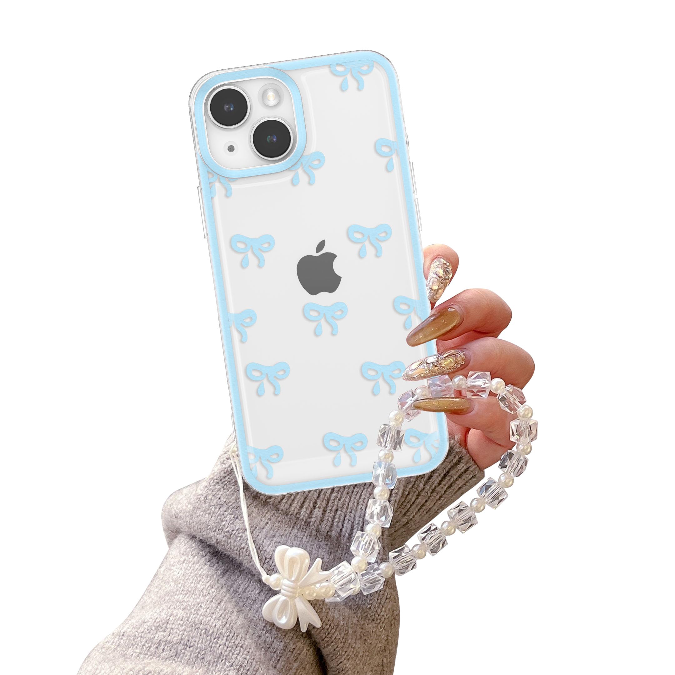 EYZUTAK Case for iPhone 15 Plus, Clear Cute Ribbon Bowknot Aesthetic Phone Case with Charm Bracelet Chain Raised Camera Protection Stylish Soft Durable TPU Protective Cover for Women Girls - Blue