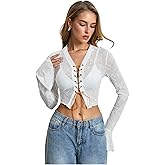 Floerns Women's Floral Lace Up Sheer Crop Top Front Tie Bell Sleeve Western Tee Tops