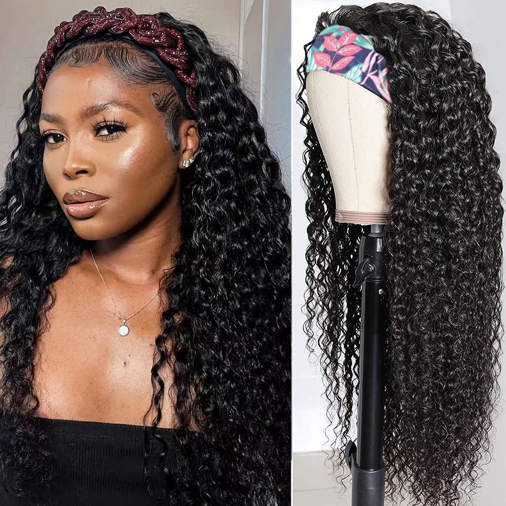 Human Hair Wig Headband Wig 20 inch Curly Human Hair Wigs for Black Woman Curly Headband Wigs for Woman 150% Density Natural Black Color Soft and Full Headband Wig — image 1