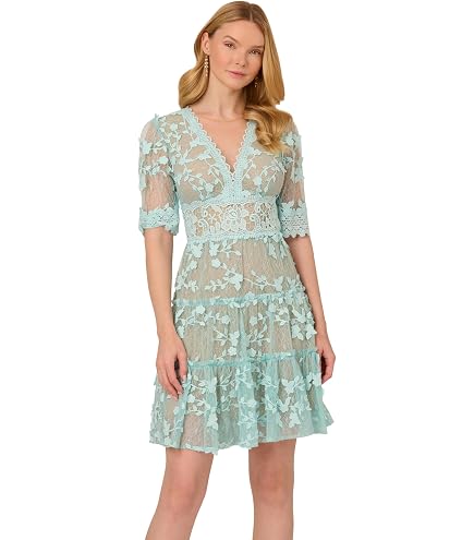 Adrianna Papell Women's Lace Midi Dress, Sleeveless Cocktail Dress with Floral Lace & Skinny Waist Belt, Botanic Green, 14 : Clothing, Shoes & Jewelry
