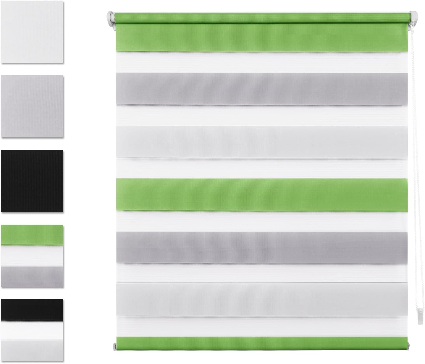 SBARTAR Day and Night Double Roller Blinds, 60 x 100 Green-White-Grey Double Layer Roller Shades Filtering with Side Chain Easy Assembled without Drilling for Window