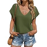Tankaneo Womens Cropped Deep V Neck T Shirts Summer Casual Short Cap Sleeve Tops Loose Fit Basic Tee