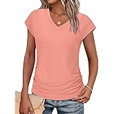 WIHOLL Women's V Neck Ruched Cap Sleeve T Shirt