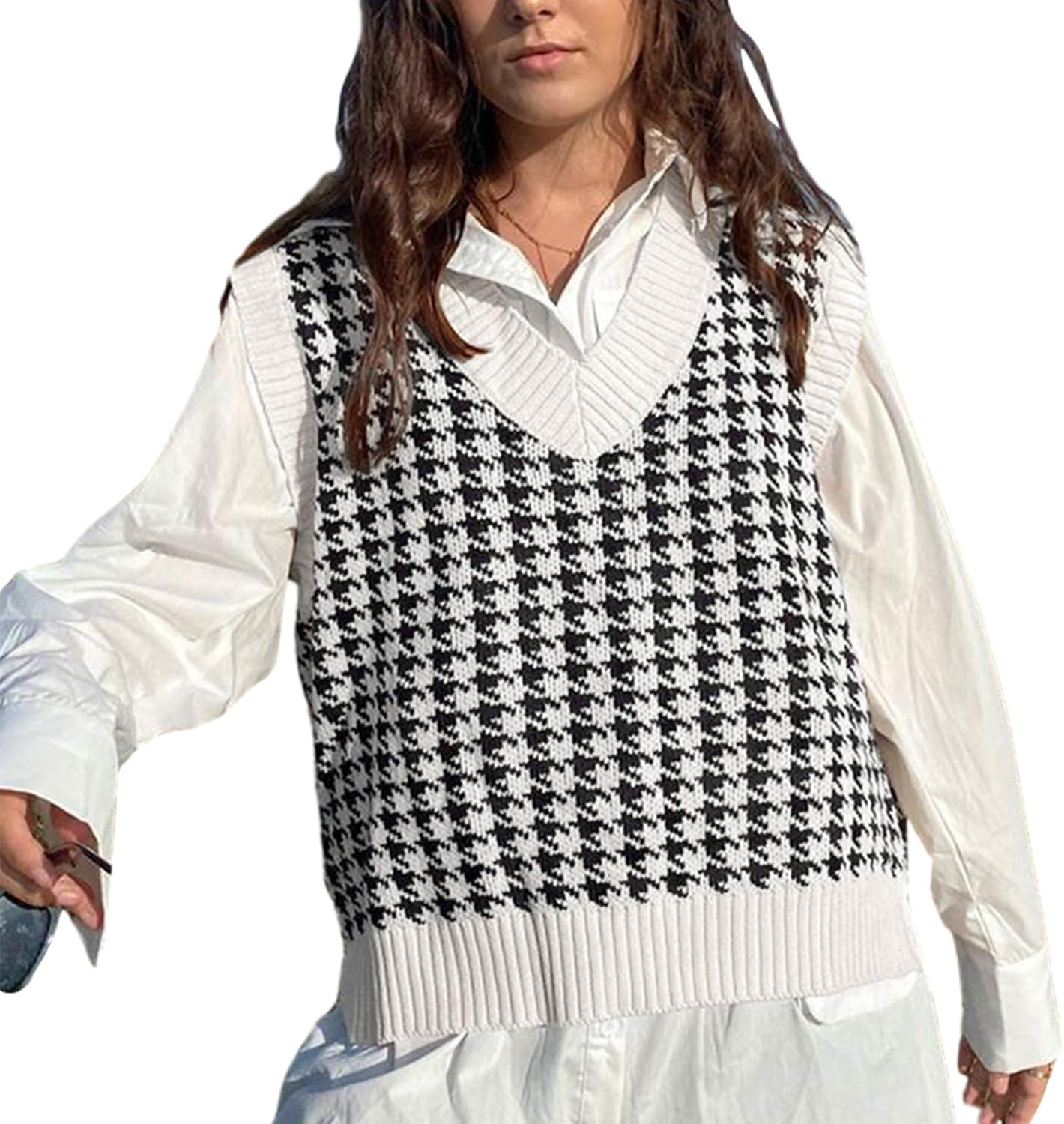 Colete feminino de malha sem mangas Argyle xadrez suéter estilo preppy