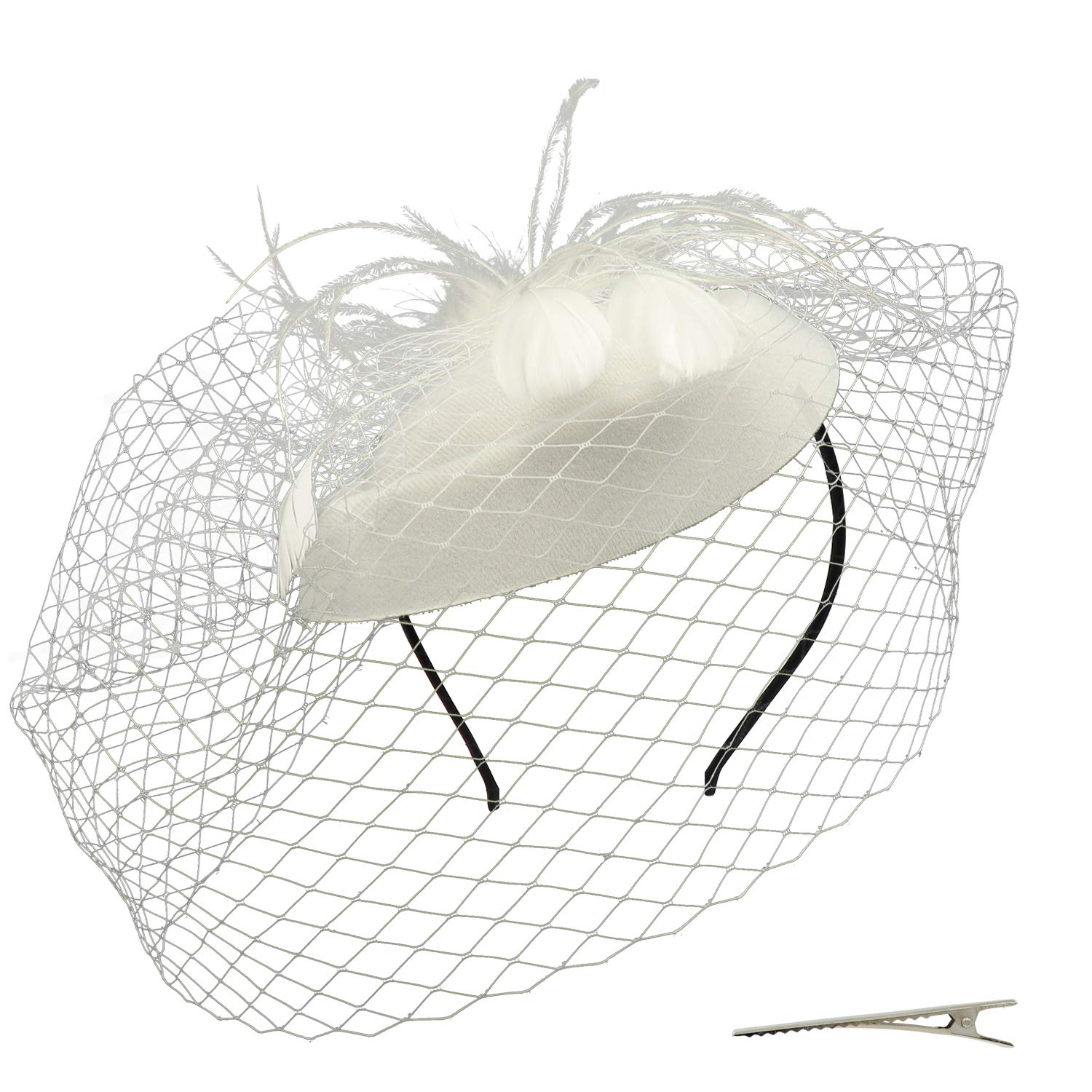 Umeepar Pillbox Fascinator Hat for Women Wedding Tea Party Hat Feather Headband Hair Clip with Veil (White)