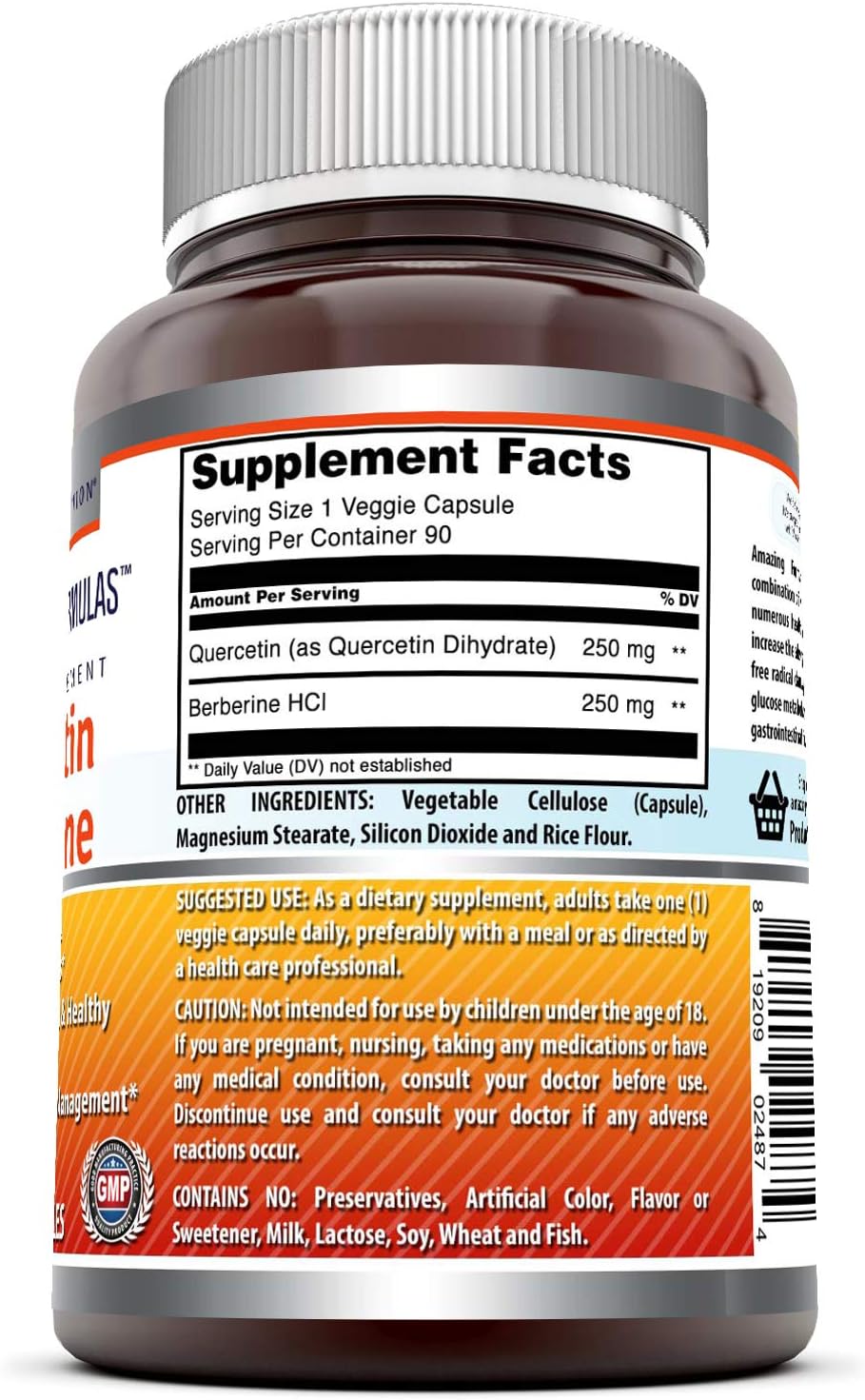 Amazing Formulas Quercetin Berberine - 250mg Berberine and 250mg Quercetin (Non-GMO,Gluten Free) -Potent Anti-oxidant Properties -Supports Heart Health, Energy Production, Immune Function (90 Count): Health & Personal Care