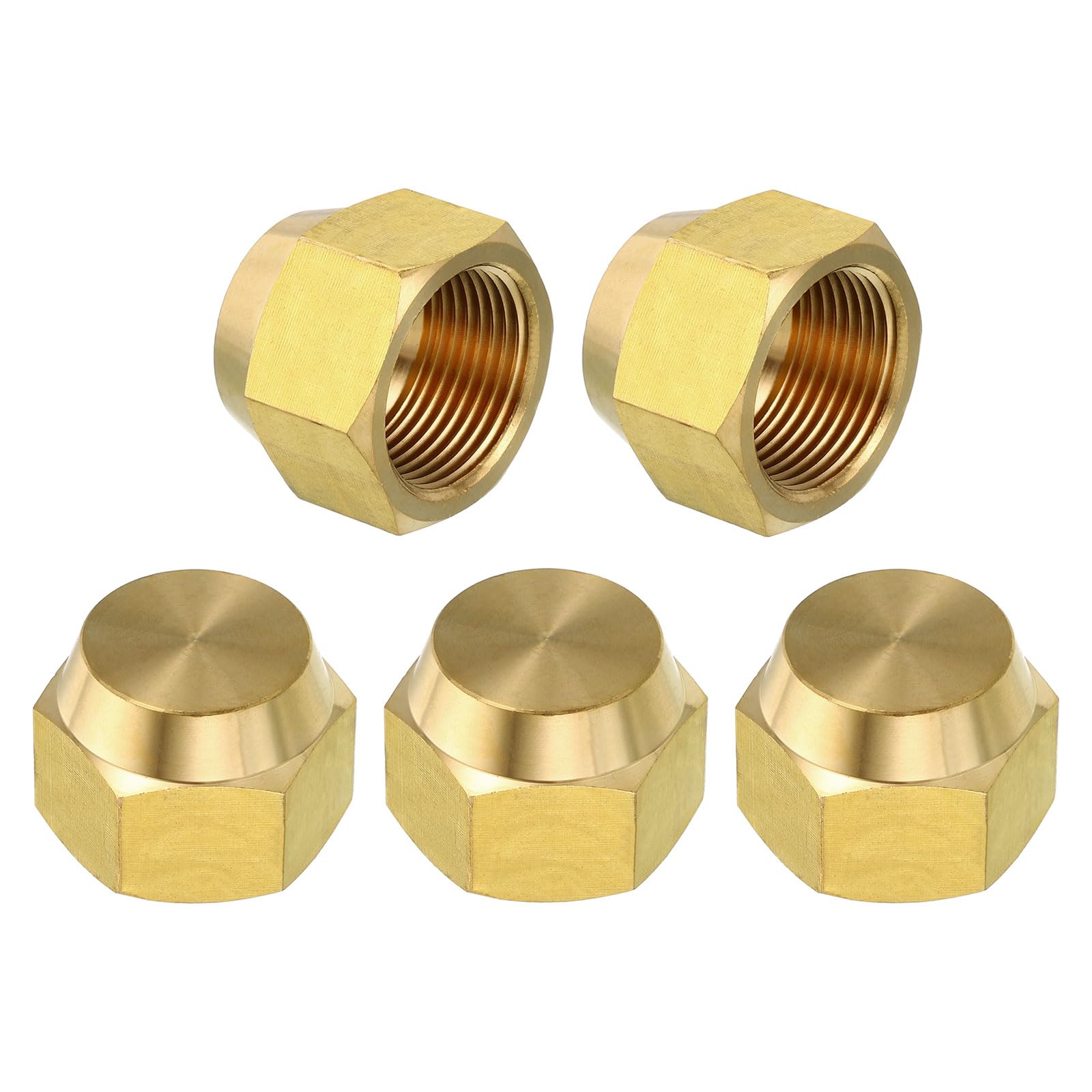 PATIKIL 3/4" Brass Flare Cap, 1-1/16UNF Female Thread 5Pcs SAE Flare Fitting 45 Degree Hex Pipe Fittings for Air Conditioner Refrigeration