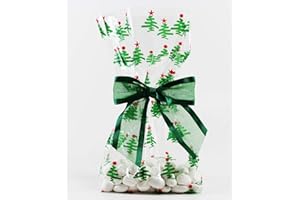 Saybrook Products Christmas Trees Holiday Cellophane Treat Party Favor Bags with Twist-Tie Organza Bow. Set of 10 Ready-to-Use, Gussetted 11x5x3 Goodie Bags with Green Bows.