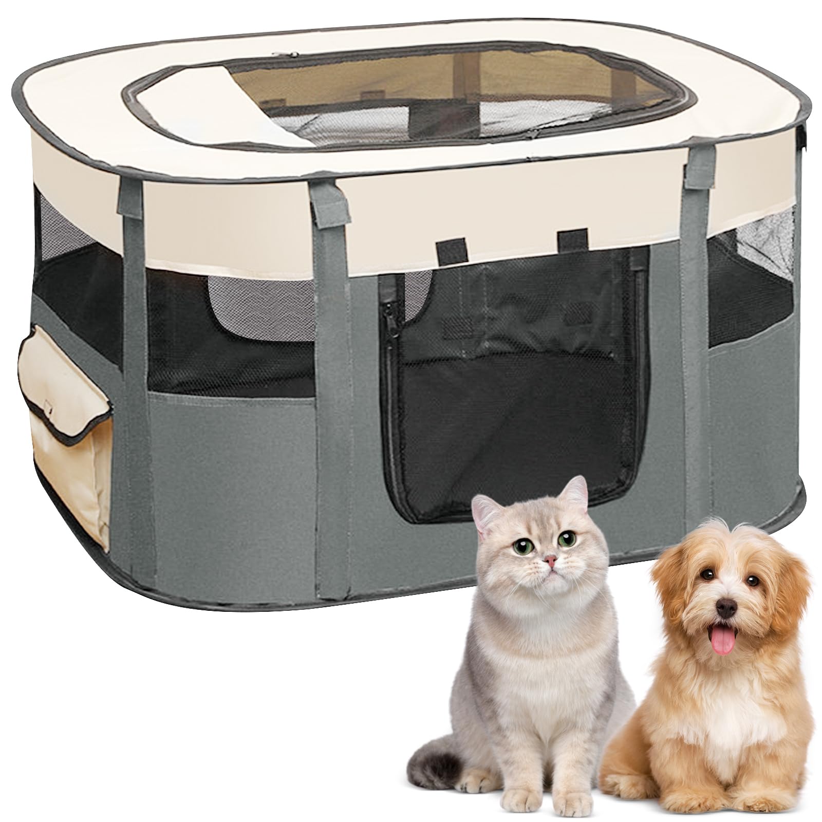MeYuxg PET_PLAYPEN, Small Animal Enclosure, Foldable Pet Fence, Grey, 70 x 55 x 40 cm