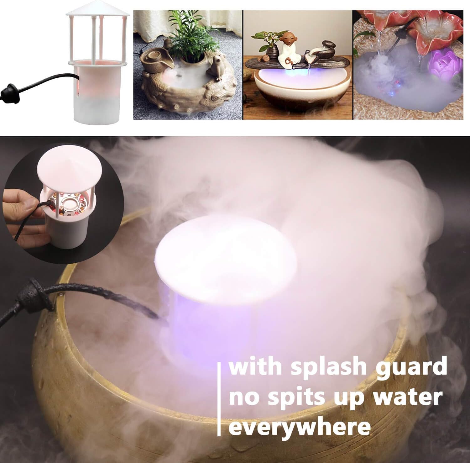 Ultrasonic Mist Maker, Indoor LED Mister Fogger with Light Witch Cauldron Diffuser Fountain Pond Fog Machine Atomizer Bowl Terrarium High Output Humidifier Water Vaporizer with Splash Guard Float Disc: Garden & Outdoor