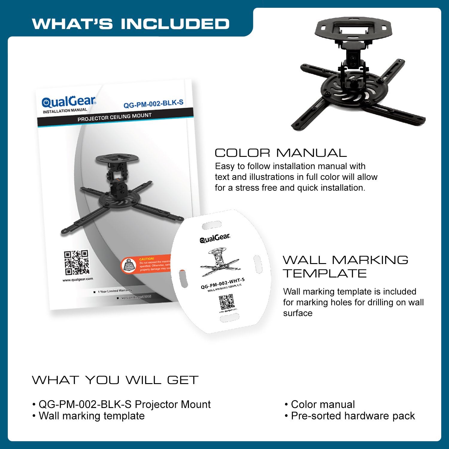 QualGear QG-PM-002-BLK-S Projector Ceiling Mount Accessory, Black: Electronics