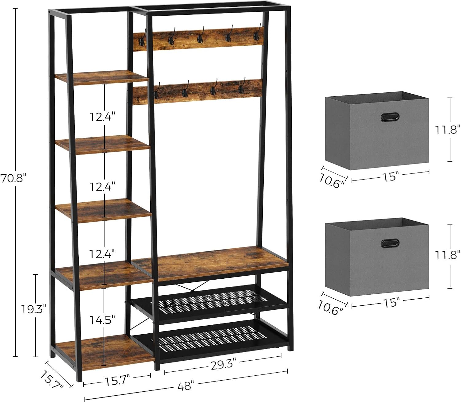 Rolanstar Hall Tree with Side Storage Shelves, Entryway Hall Tree with Shoe Bench and Coat Racks and 2 Foldable Cube Storage Bins,for Entryway, Bedroom, Sturdy and Easy Assembly: Home Improvement