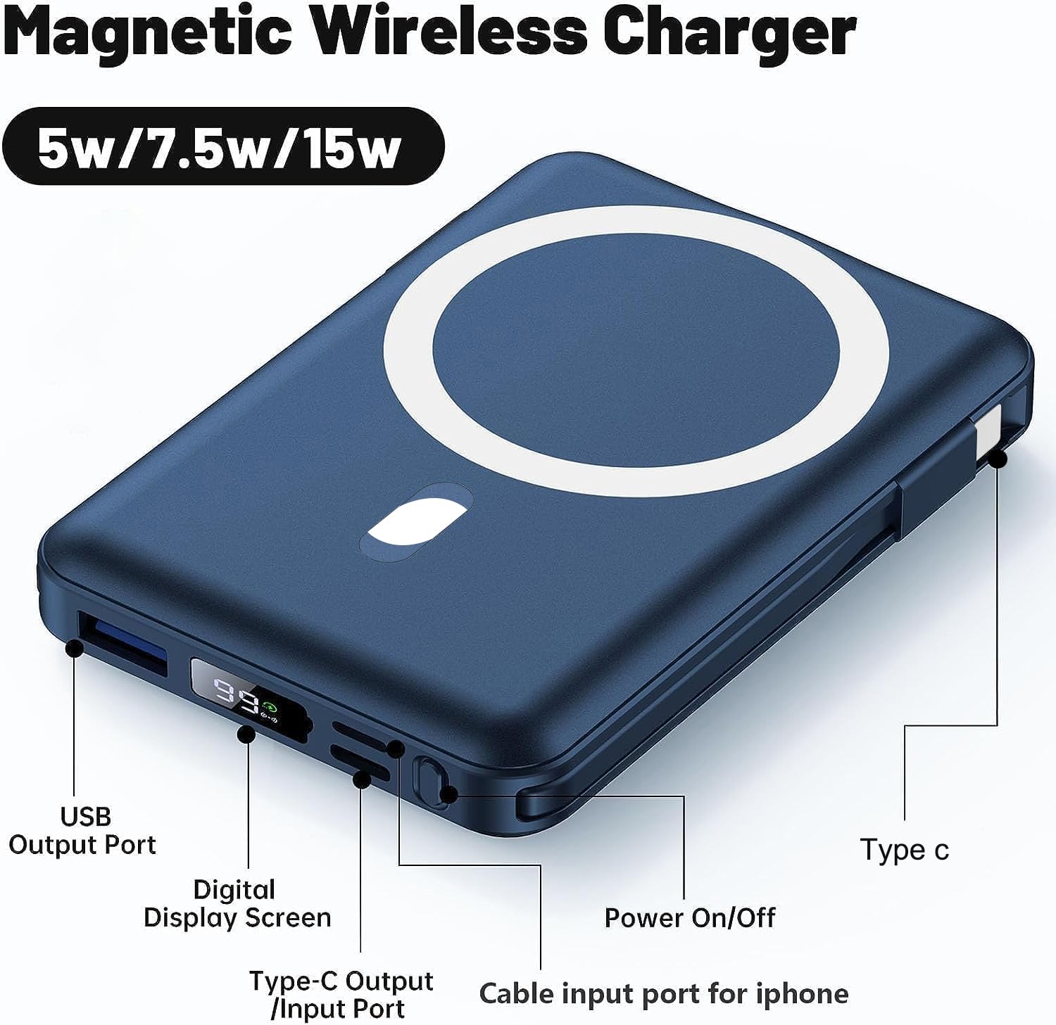 Yiisonger for Magsafe Battery Pack - 10000mAh Portable Charger for Mag-Safe 22.5W PD Fast Charging with Built-in Cables LED Display, Magnetic Power Bank for iPhone 16/15/14/13/12/Pro/Mini/Pro Max