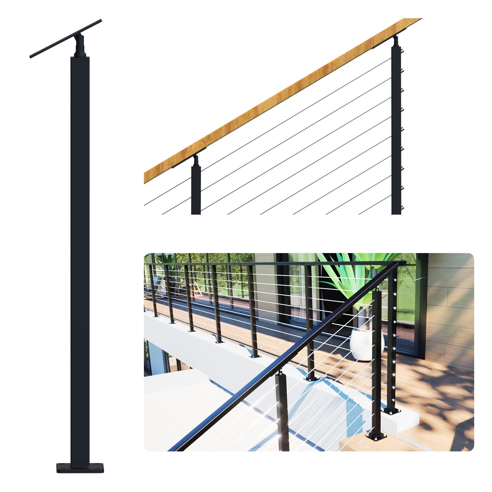 Photo 1 of **DOES NOT INCLUDE CABLES** Dawn Railing 36" Stainless Steel Cable Railing, 30-40 Adjustable Middle/End Post, Beveled Drilled Stair With Top Connector, Black Coating Finish, for Wood/Concrete Stair Deck