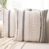 WANLIRD Boho Throw Pillow Covers 18x18 Set of 2 Farmhouse Decorative Cushion Case Striped Square Pillows Cover Chenille Pillow Cases Accent Neutral Pillowcase for Sofa Couch Bed,White