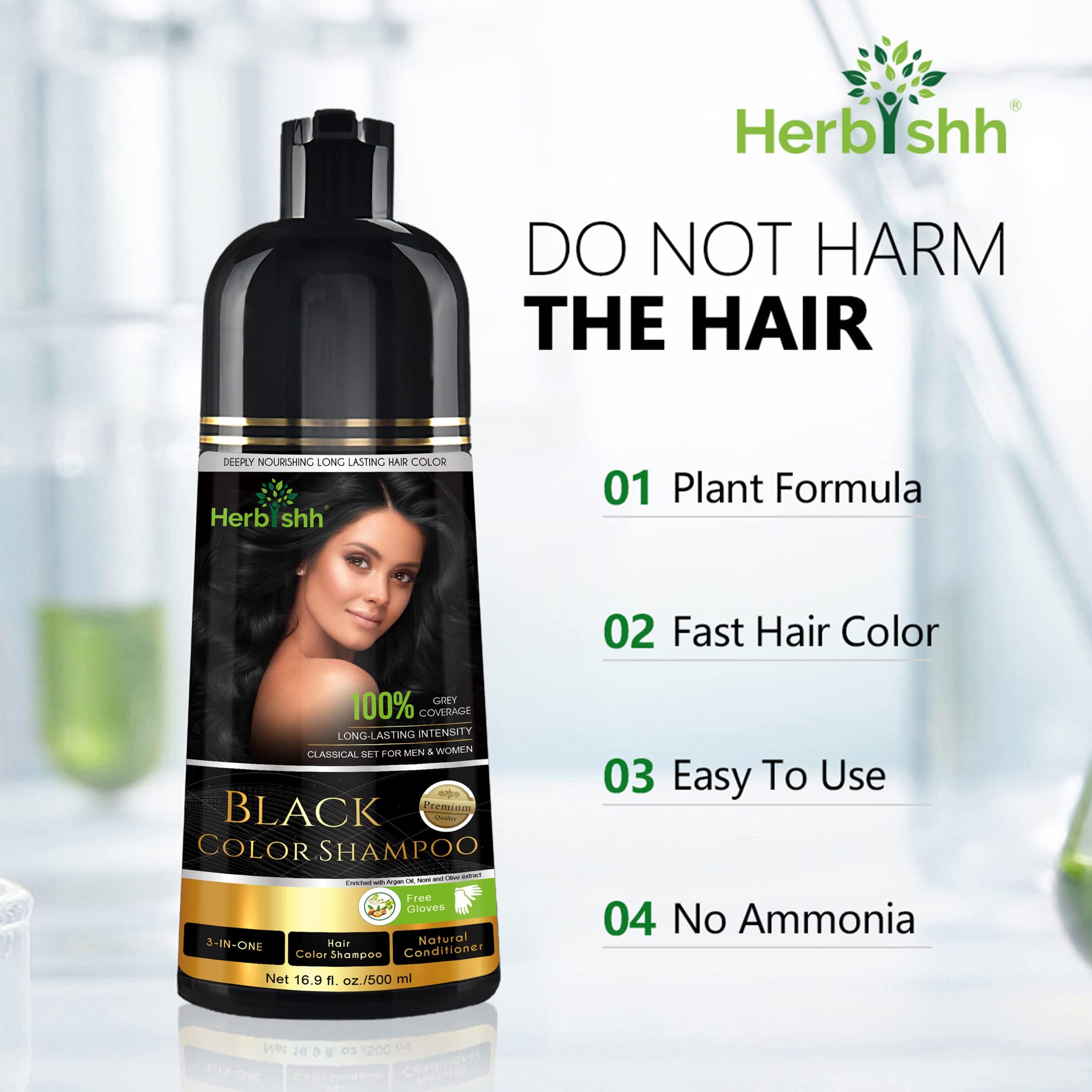 Herbishh Hair Color Shampoo for Gray Hair – Natural Hair Dye Shampoo – Colors Hair in Minutes – Lasts Up To 3-4 Weeks – 500ML – 3-In-1 Hair Color – Colors, Cleanses, and Conditions (Black)