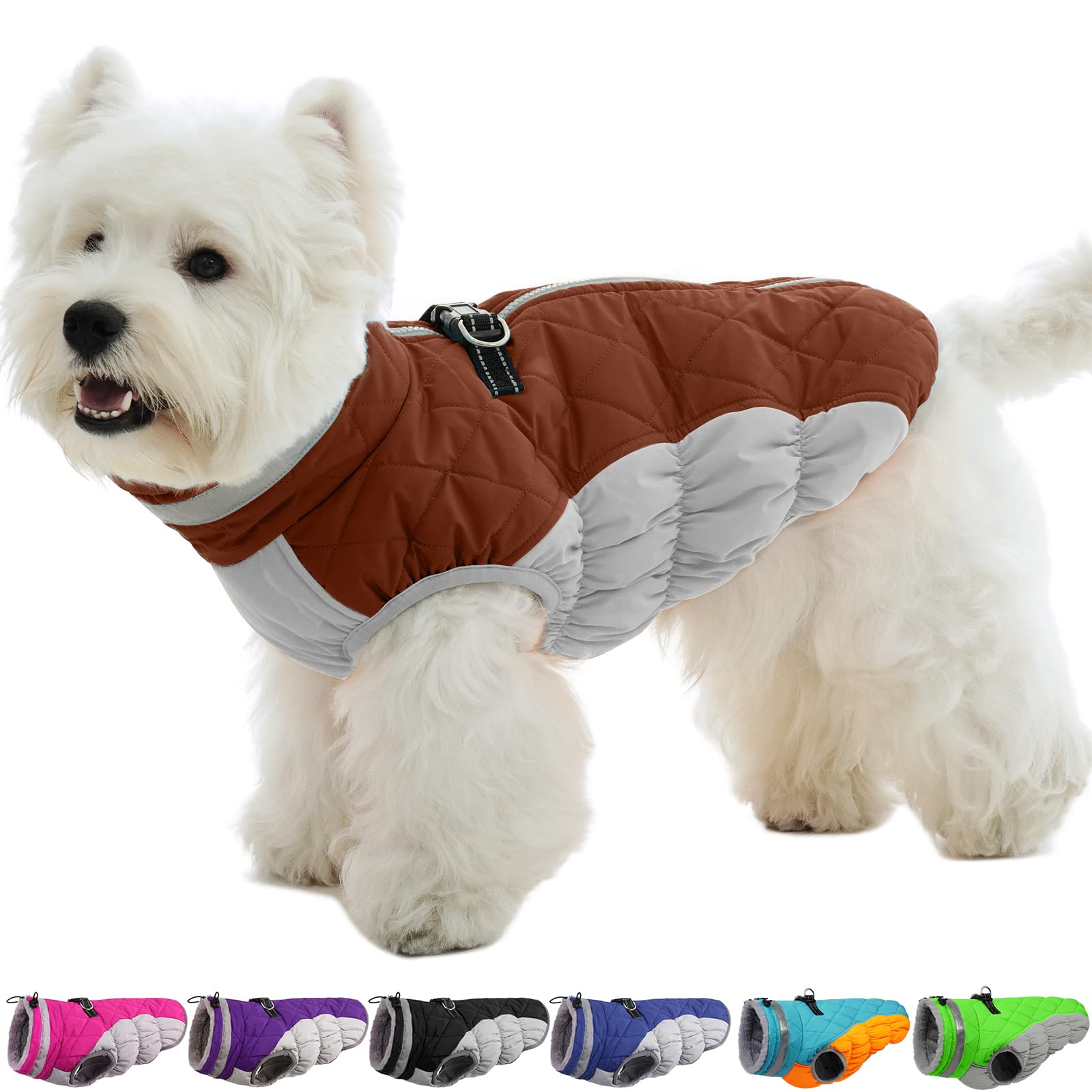 OUOBOB Dog Coat, Fleece Dog Vest with Harness Built in, Dog Cold Weather Coats, Dog Snowsuit Waterproof, Dog Coats for Small Dogs, Dog Winter Jacket Windproof, Dog Puffer Jacket Brown S โ image 1
