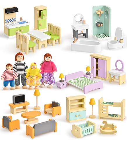Doll House Furniture 36Pcs Wooden Dollhouse Furniture Set With
