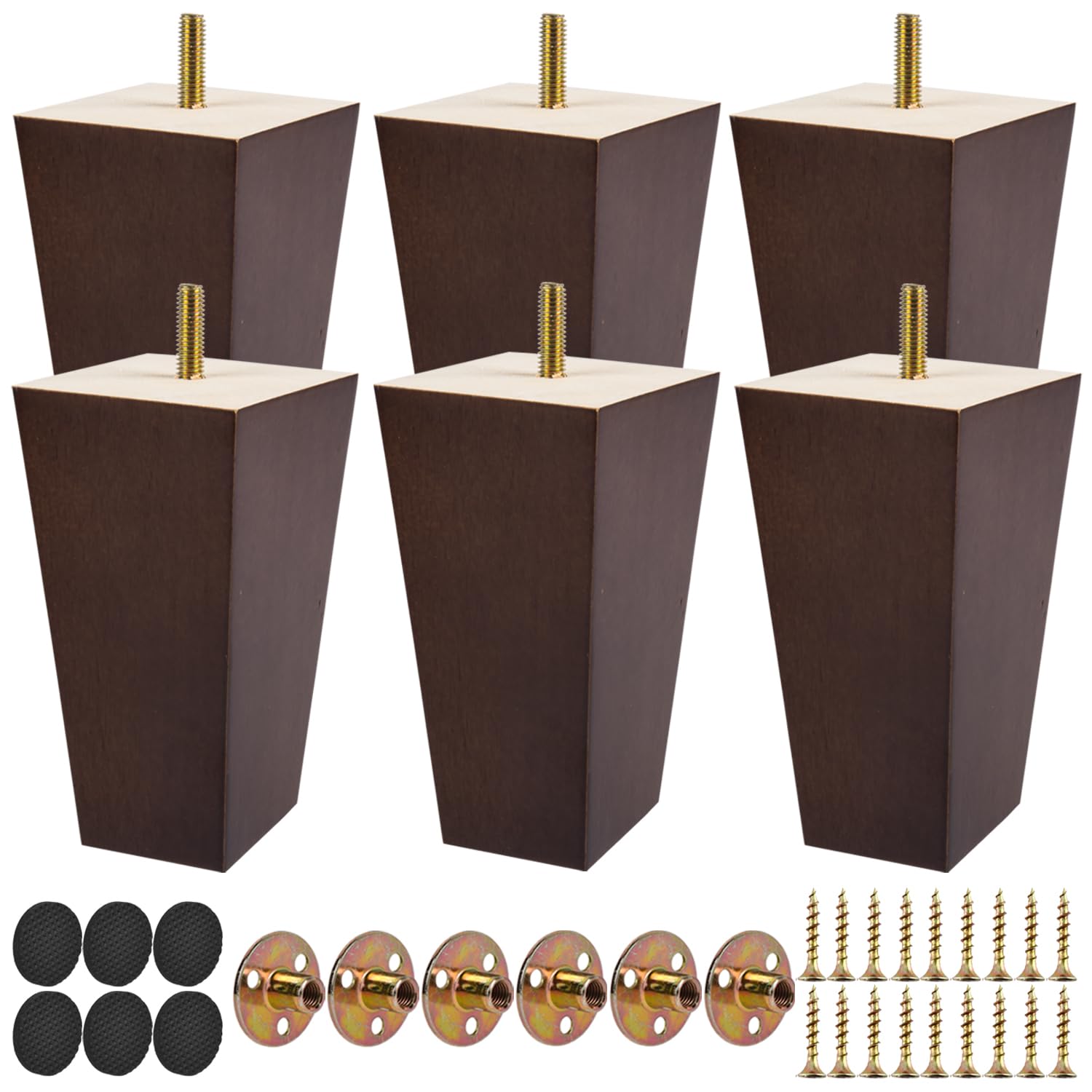 TCHOSUZ 6 Inch / 15 cm Wooden Furniture Legs, Set of 6 Solid Wood Mid-Century Modern Pyramid Replacement Feets with 5/16 inch Bolt & Rubber Floor Protectors for DIY Ottoman TV Stand Walnut