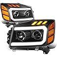 Auto Dynasty LED DRL Headlights Assembly Compatible with 2004-2015 Nissan Titan Armada, Driver and Passenger Side 3D DRL Headlamps w/LED Turn Signal, Projector Low Beam, Black Housing Amber Corner