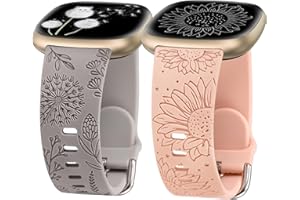 Minyee 2 Packs Floral Engraved Band Compatible with Fitbit Versa 4/Versa 3/Sense 2/Sense Band Women, Cute Silicone Dandelion Sunflower Design Soft Sport Fancy Summer Strap for Versa 4