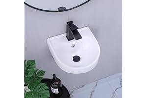 UFAUCET Small Wall Mount Bathroom Sink, 12x12 Inch D-shape Small Floating Sink Modern Ceramic Basin White Round Wall Hung Sink Compact Corner Vanity Sink with Overflow for Apartment RV Bathroom