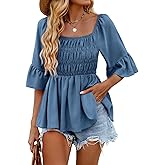 HEYTALALA Womens 3/4 Sleeve Tops Dressy Casual Square Neck Summer Peplum Blouses Ruffle Sleeve Babydoll Shirts 2025 Trendy