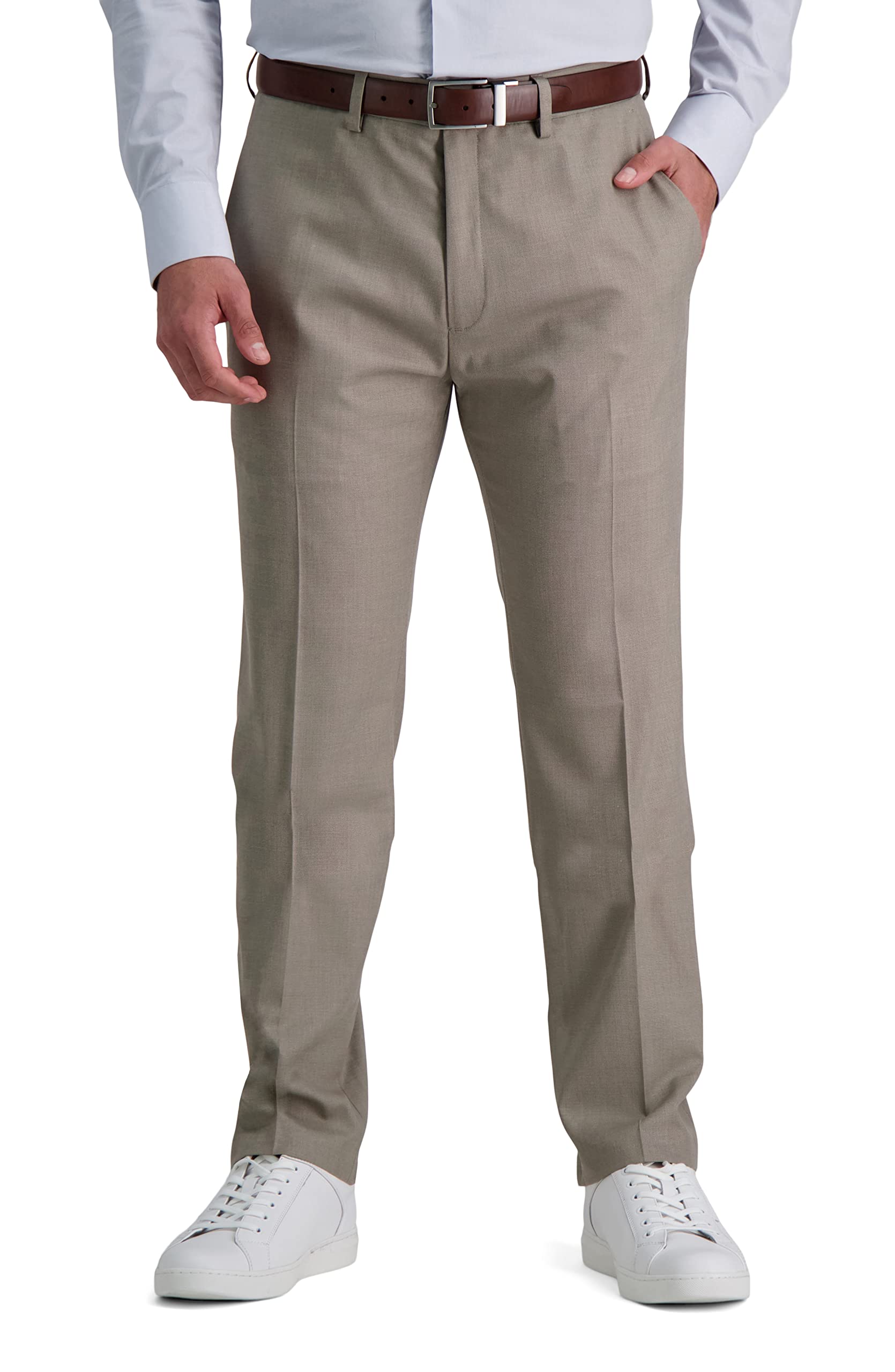 Kenneth Cole Reaction Men's Stria Slim Fit Flat Front Dress Pant Oatmeal Image