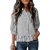 Dokotoo Cropped Button Down Striped Shirt 3/4 Length Sleeve Womens Tops Dressy Casual Blouses Babydoll Tops