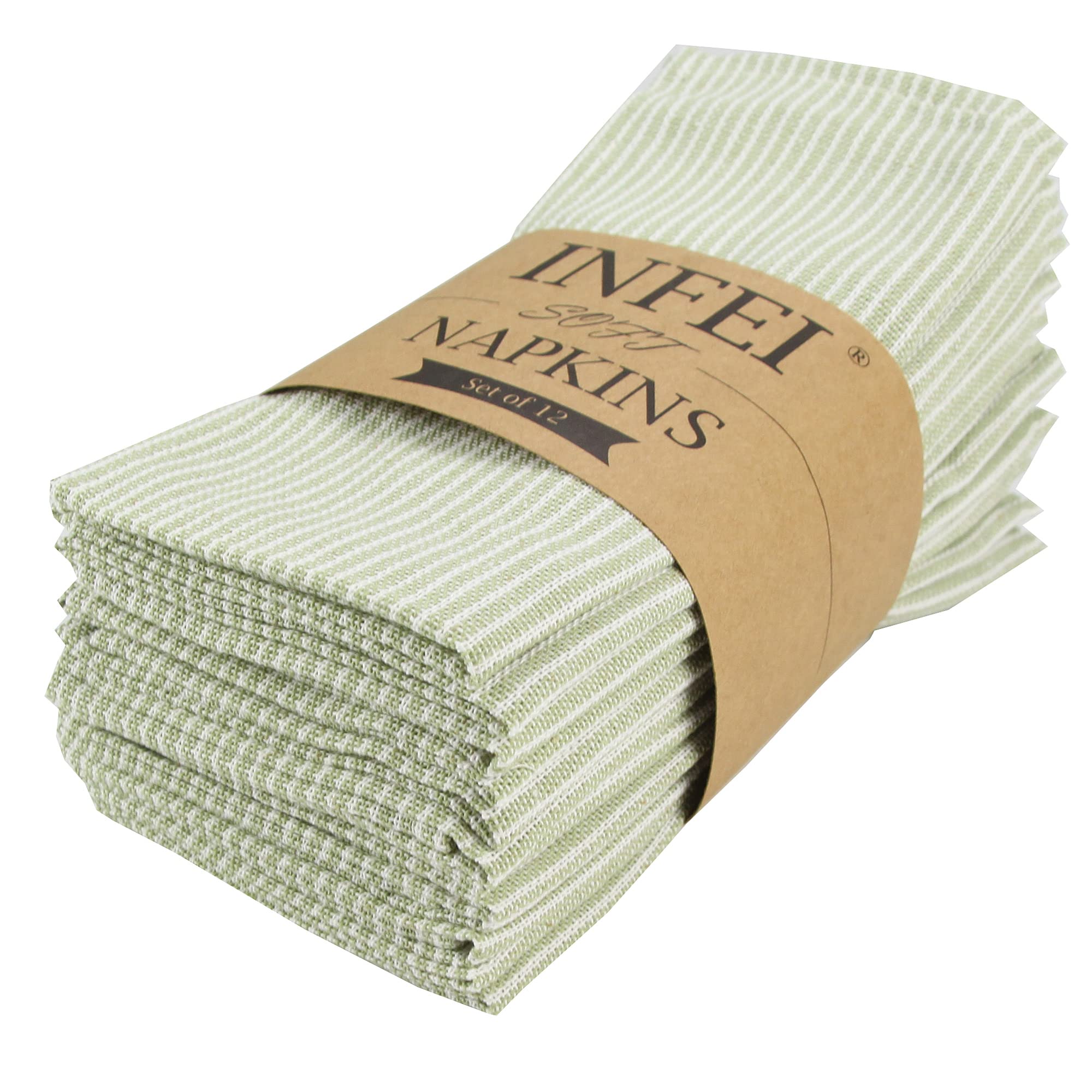 INFEI Narrow Striped Cotton Linen Blended Dinner Cloth Napkins - Set of 12 (40 x 30 cm) - for Events & Home Use (Green)
