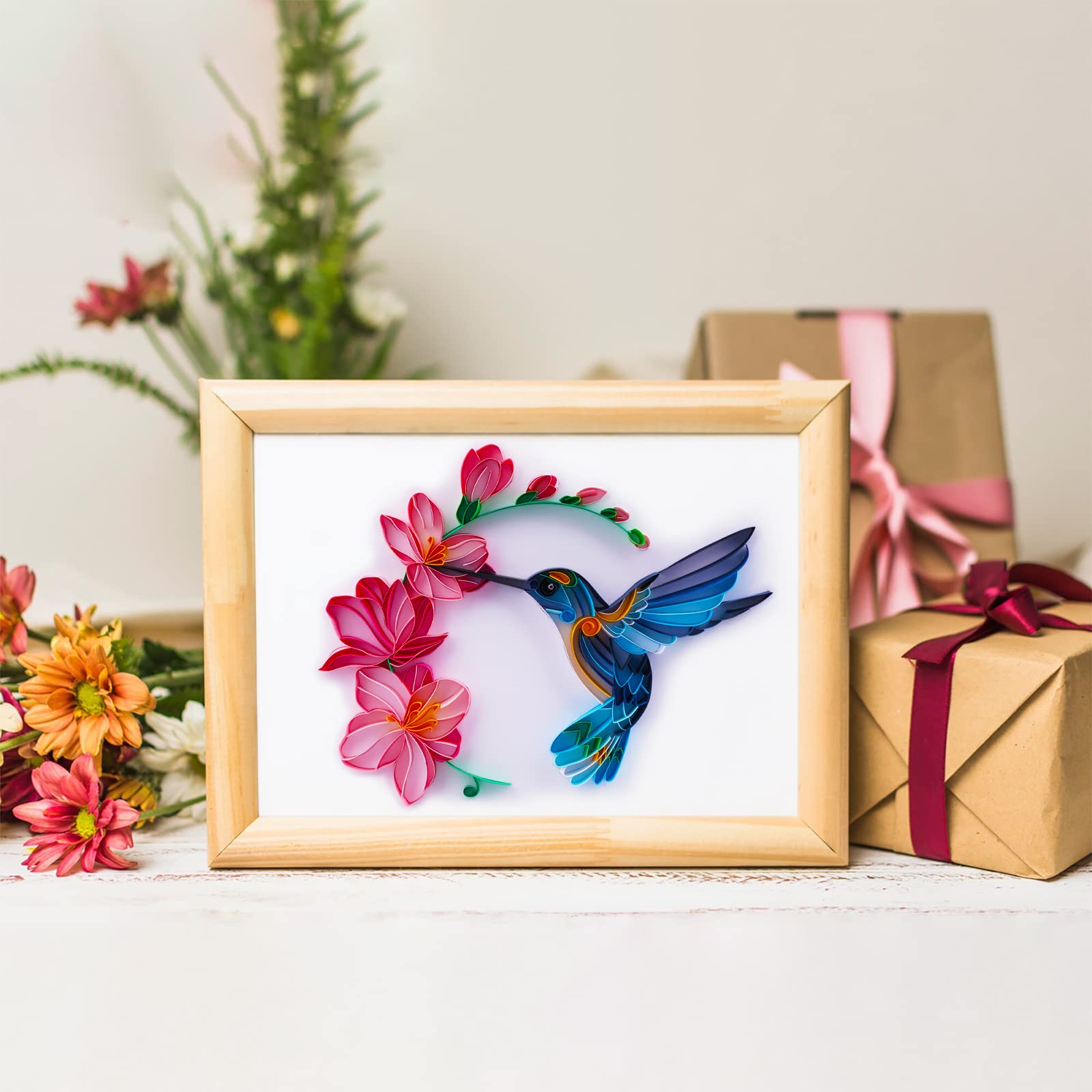 Uniquilling Quilling Kit, Paper Quilling Kits, 8 * 10-in Flower& Hummingbird Paper Filigree Kits with Quilling Tools& Using Manual, DIY Quilling Artwork Modern Wall Art for Living Room