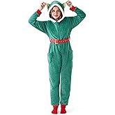 Giggling Getup Adult Womens Christmas Pajamas, Sherpa Fleece Pajamas Women, Green Hoody Holiday Jumpsuit