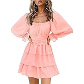 OBBUE Women's Summer Dress Tie Back Square Neck Aline Long Sleeve Layered Swing Mini Dresses