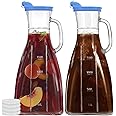 2 Pack Glass Pitcher with Lid and Spout, 2 Quart (64 oz / 1.9 Liter) Juice Carafe with Handle, BPA-Free, Dishwasher Safe, Square Water Pitcher for Sun & Iced Tea, Sangria, Party, Mimosa Bar