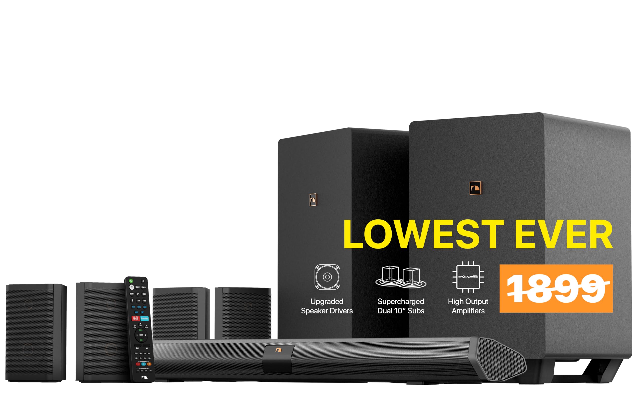 Nakamichi Shockwafe Ultra Sistema de barra de sonido de 9.2.4 canales con Dolby Atmos/DTS:X, subwoofers duales de 10, 4 parlantes envolventes traseros, potencia de salida máxima de 1300 vatios