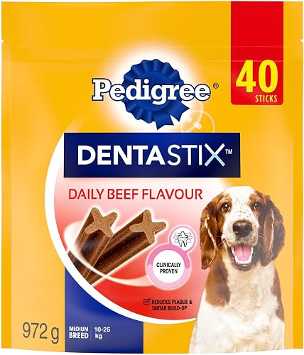 PEDIGREE DENTASTIX Oral Care Beef Flavour Adult Dog Treats - for Medium Breeds - Reduces Plaque and Tartar Buildup - 40 Sticks 972g Pouch